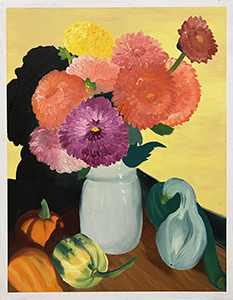 Image of the oil painting, I walk home with a smile and an armful of dahlias by Katie Detwiler.